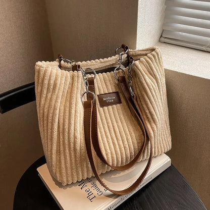 Retro corduroy women's shoulder bag with zipper closure in multiple colors