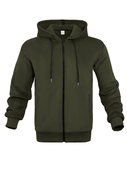 Men's grey zippered hooded sweatshirt with fleece lining and full-length front zip