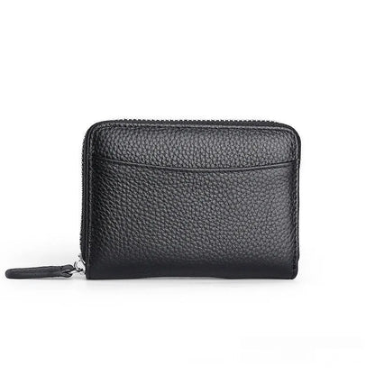 Genuine leather men's and women's zipper coin storage purse in black with sewing line detail.