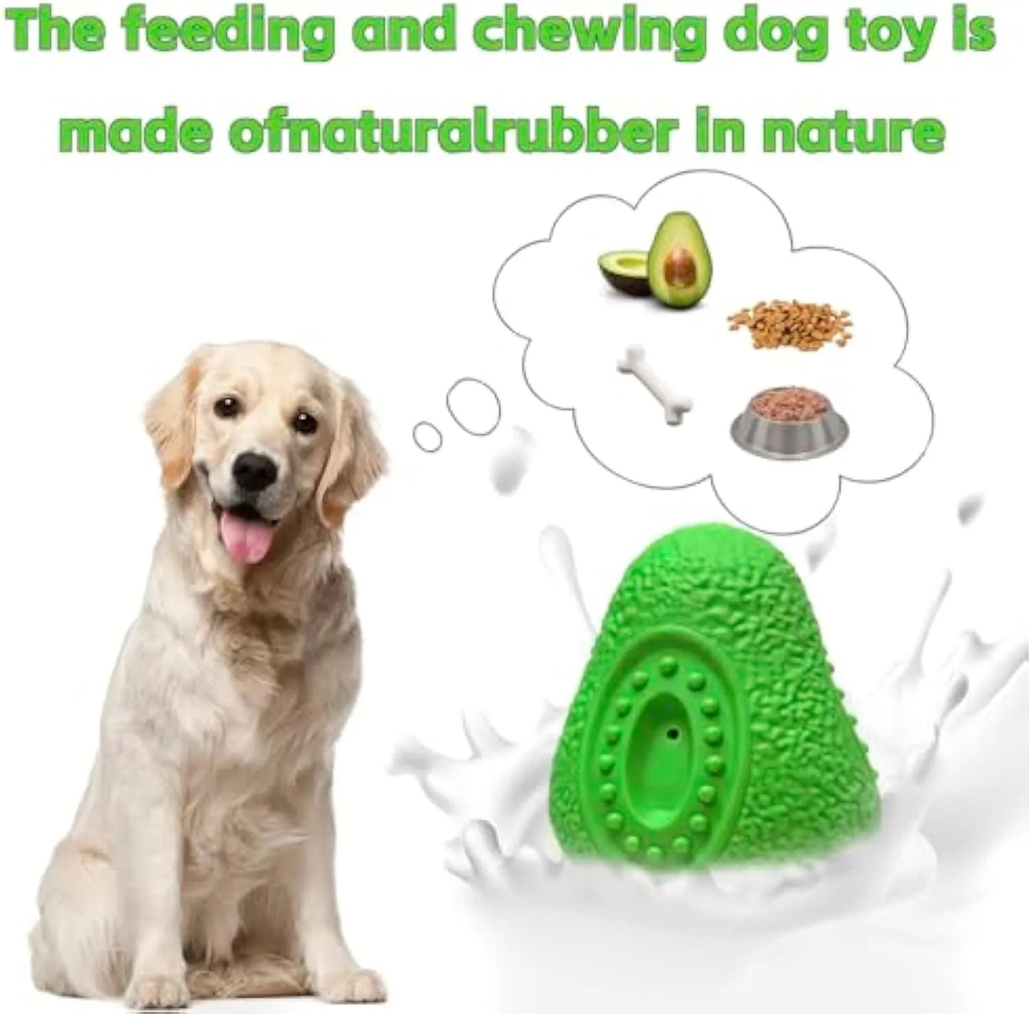 Green avocado-shaped natural rubber dog chew toy with textured surface for teeth cleaning