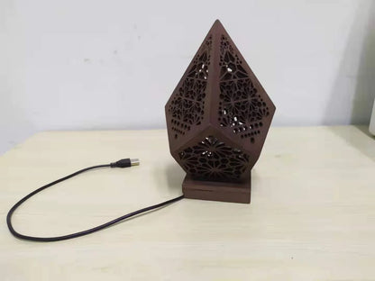 Wooden projection lamp with 3D lighting effects creating a mesmerizing atmosphere in a living room