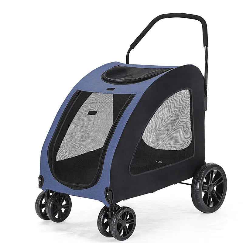Foldable pet stroller for medium to large dogs in grey, blue, red, or black, with metal and cloth frame.
