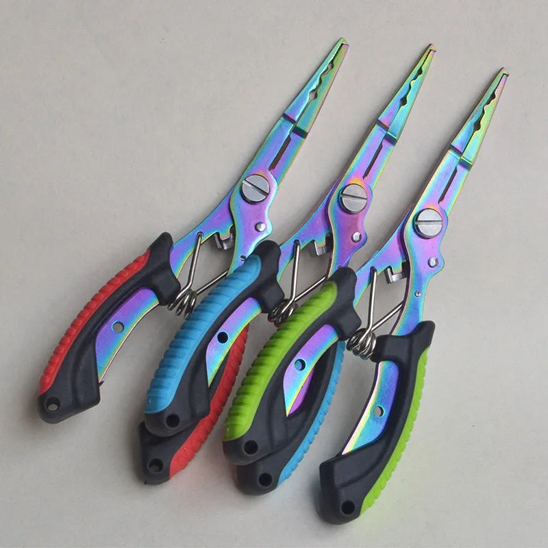 PE39 multifunctional fishing pliers with medium straight mouth and hook, showing colour handle options