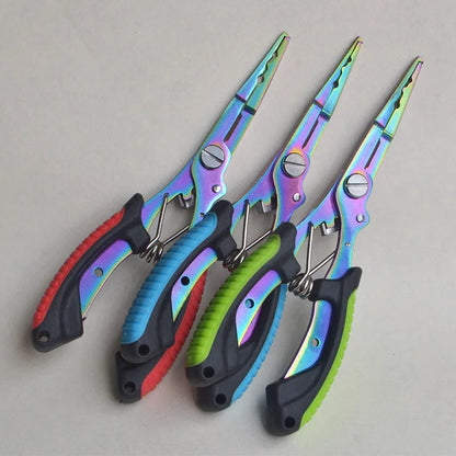 PE39 multifunctional fishing pliers with medium straight mouth and hook, showing colour handle options