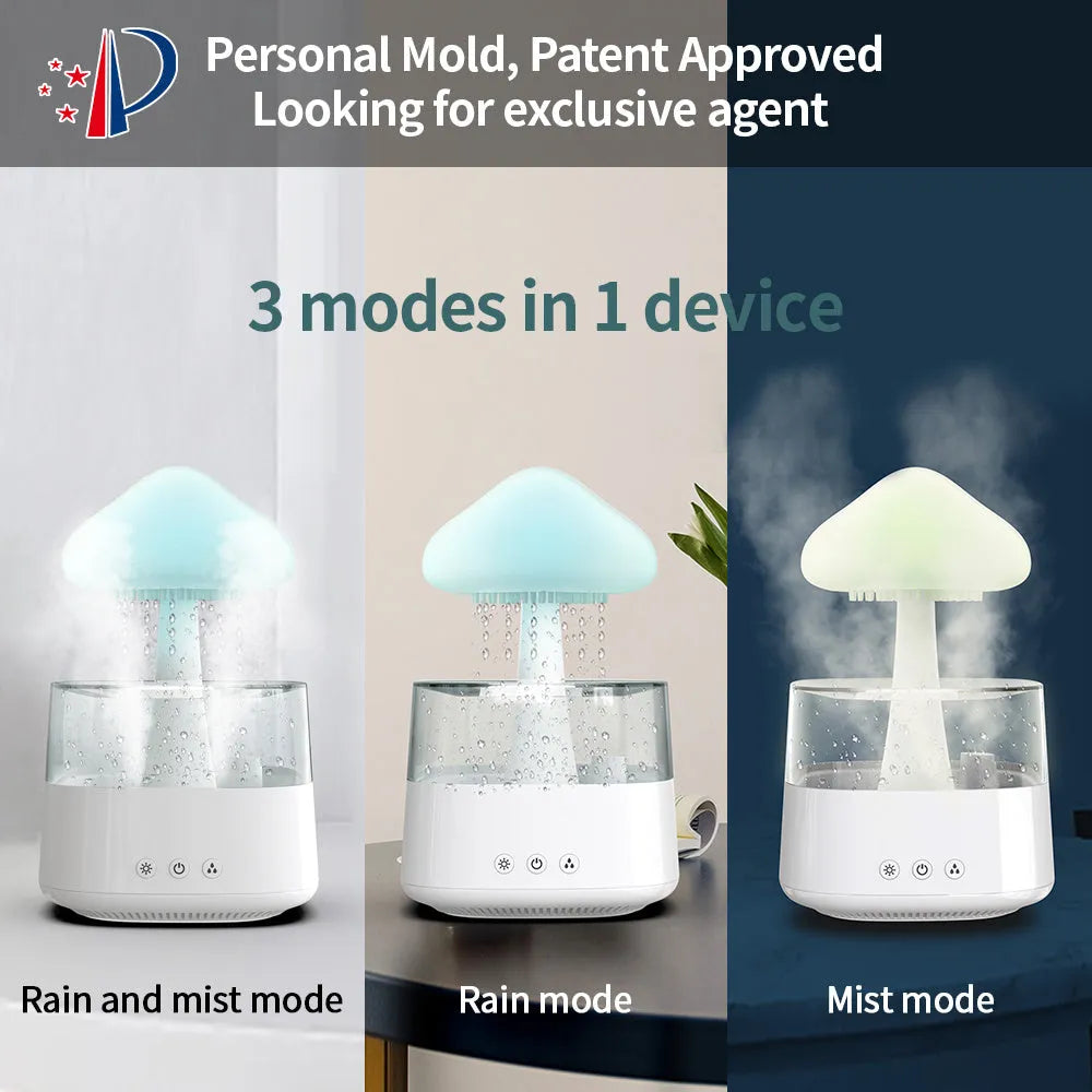 Wood grain raining cloud desk humidifier with essential oil diffuser and night light feature