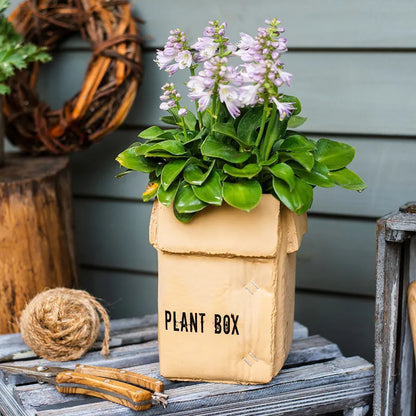 Square cement planter with matte finish and drainage holes, next to a small green plant.
