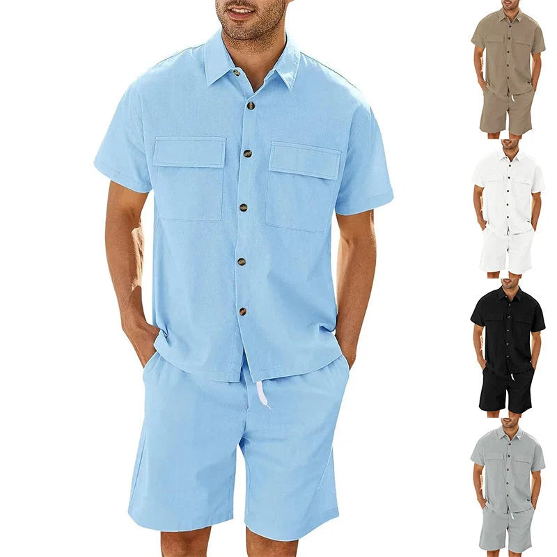 Men's summer suit set with short sleeve lapel shirt and drawstring shorts in various colors