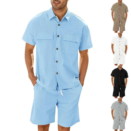 Men's summer suit set with short sleeve lapel shirt and drawstring shorts in various colors