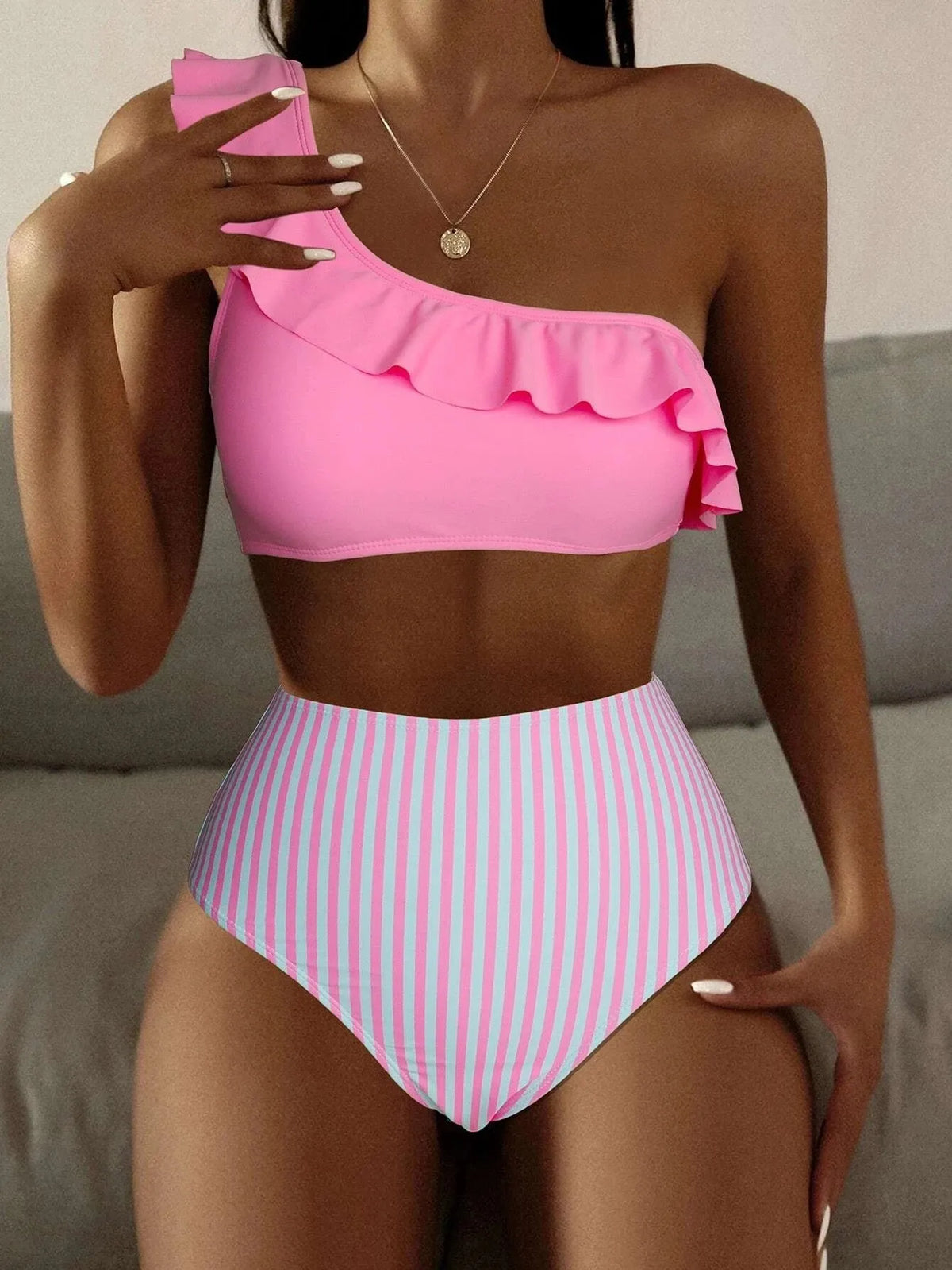 Women's striped and solid colour bikini swimsuit set shown in multiple colour options.