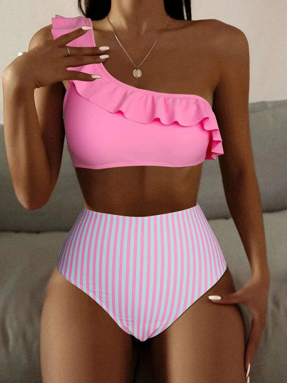 Women's striped and solid colour bikini swimsuit set shown in multiple colour options.