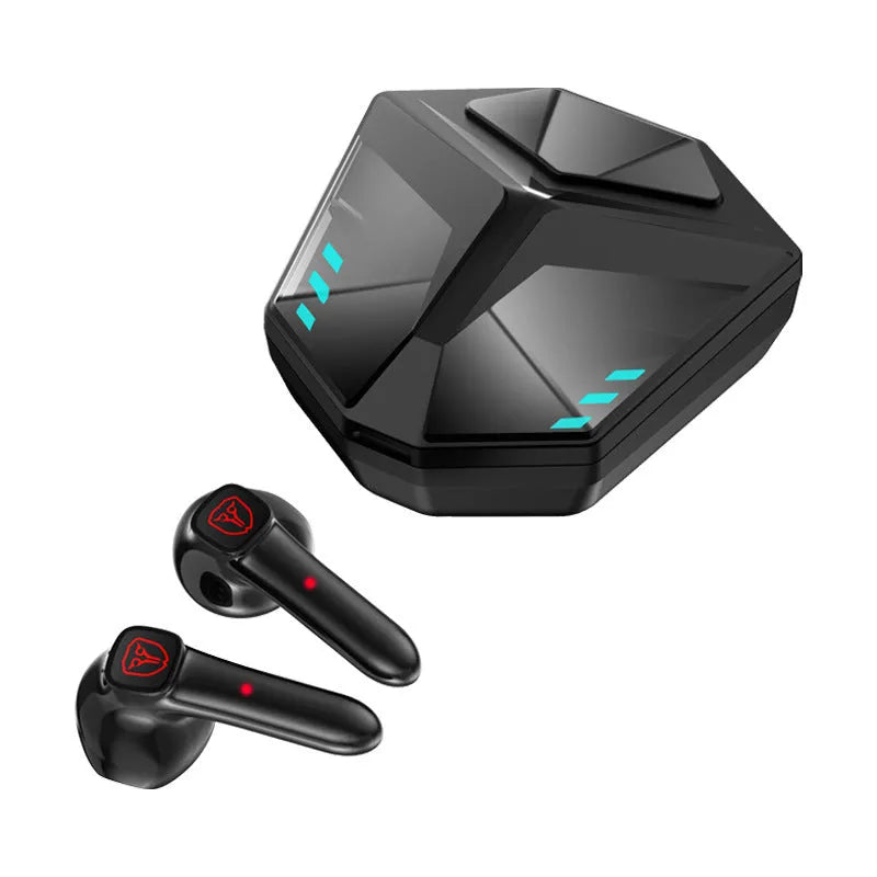 Black wireless Bluetooth gaming headset with noise reduction and low-latency features.