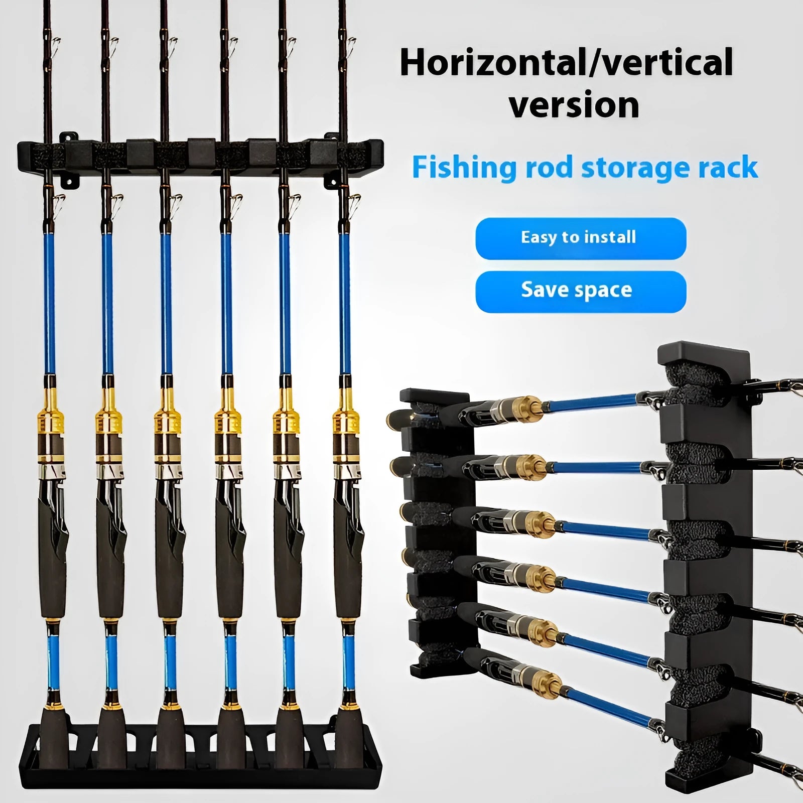 Black ABS wall-mounted fishing rod storage rack holding multiple rods horizontally on a shed wall.