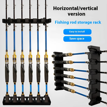 Black ABS wall-mounted fishing rod storage rack holding multiple rods horizontally on a shed wall.