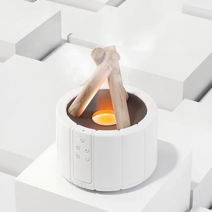 White H9 flame simulation humidifier with 280ml tank on desk, showing ultrasound mist and LED flame effect for aromatherapy