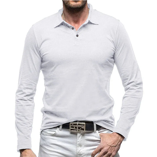 Men's long-sleeve polo collar T-shirt in American retro style, available in multiple colours and sizes