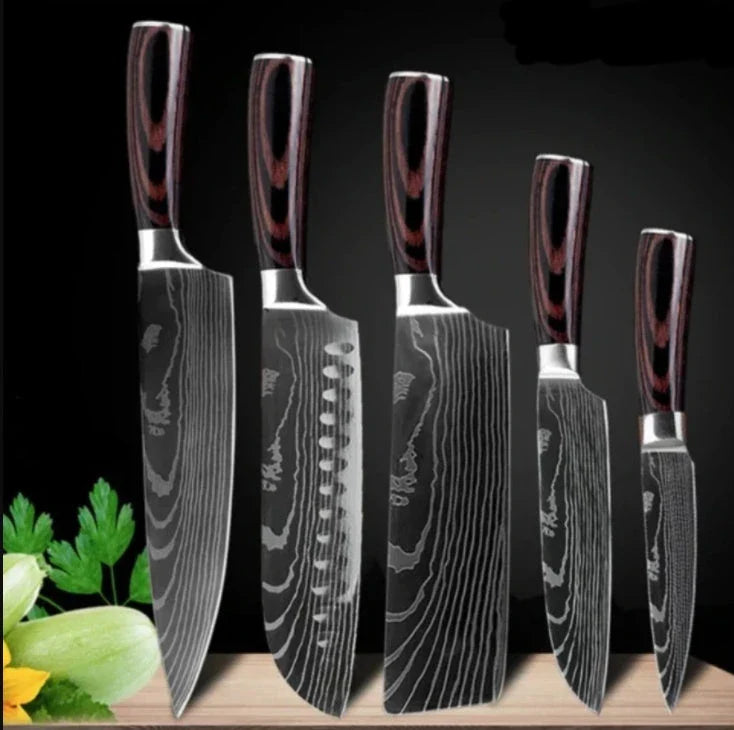 Premium 8-Piece Stainless Steel Chef Knife Set with Elegant Damascus Pattern Blades and Ergonomic Handles
