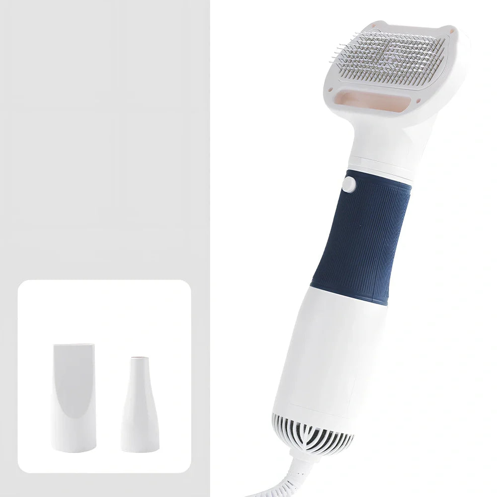 Grey electric pet grooming comb with hair removal function, 29cm length with two wind head attachments