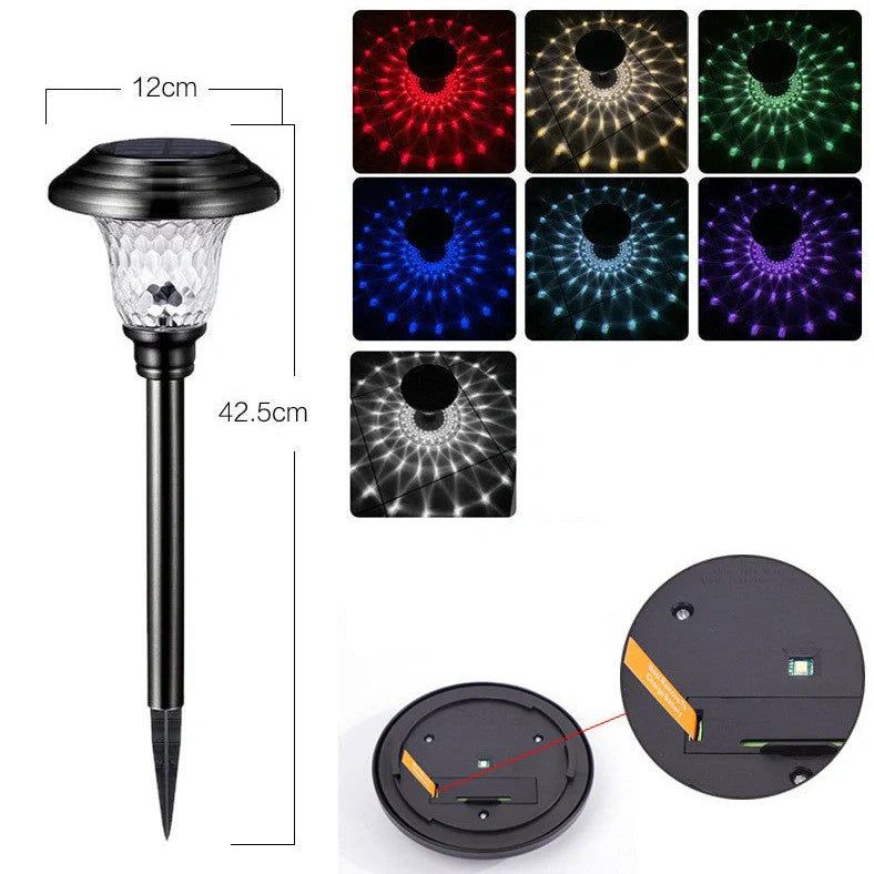 Solar outdoor lawn light in garden setting showing 12×12×42.5cm dimensions and solar panel