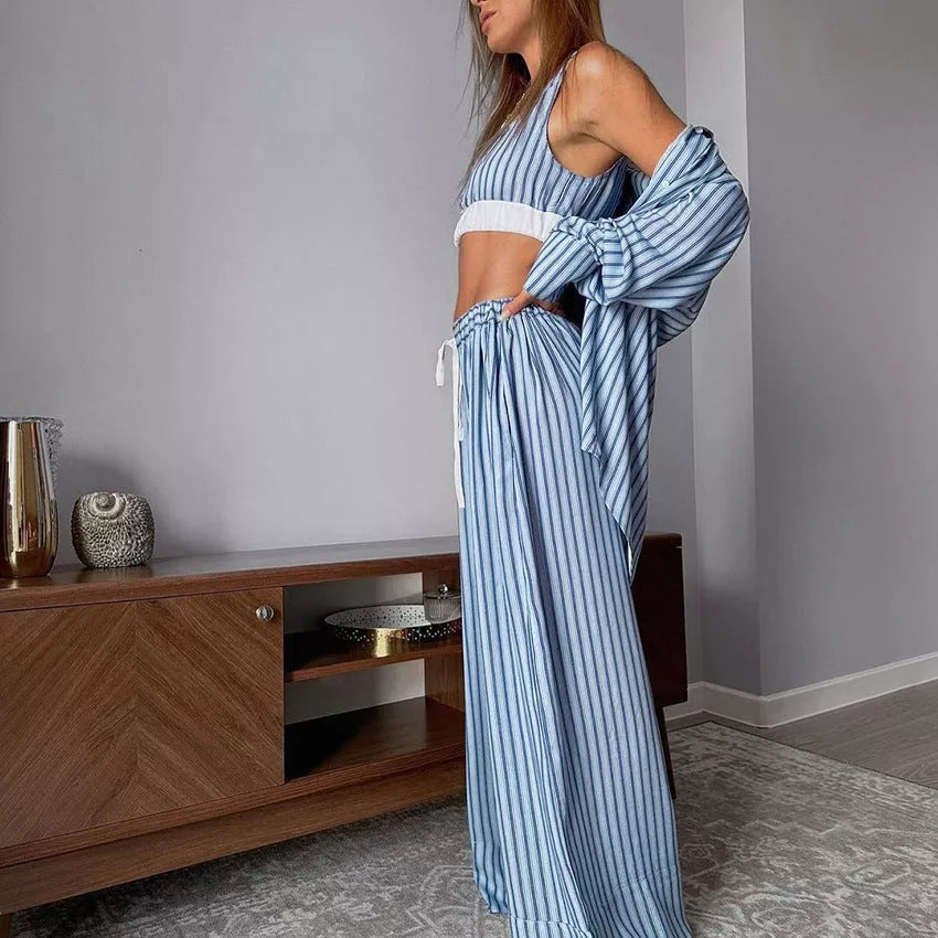 Women's Y2K aesthetic 3 piece suit with striped tank top and elastic waist trousers