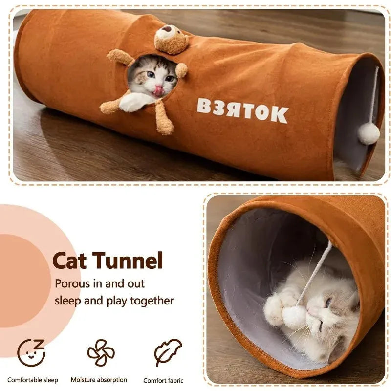 Collapsible brown or grey cat tunnel with a plush ball on top, shown in both extended and folded flat positions.