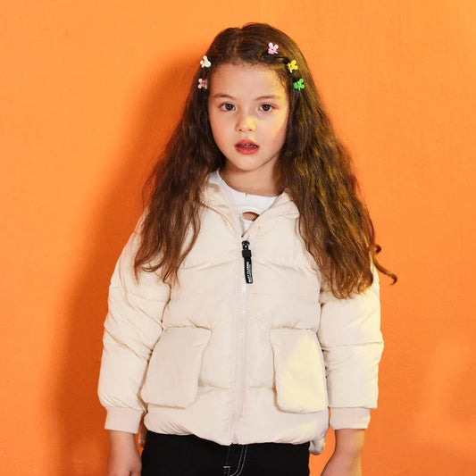 Children's hooded jacket in black, pink, caramel or beige with silk floss insulation for autumn and winter wear