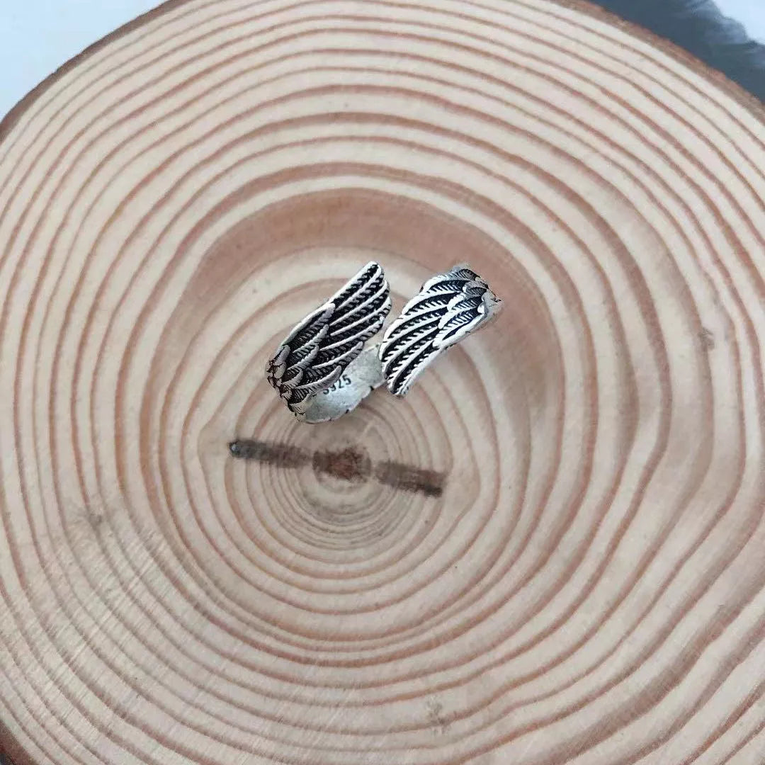 Love Couple Plain Silver Ring with angel wings design, vintage style jewelry