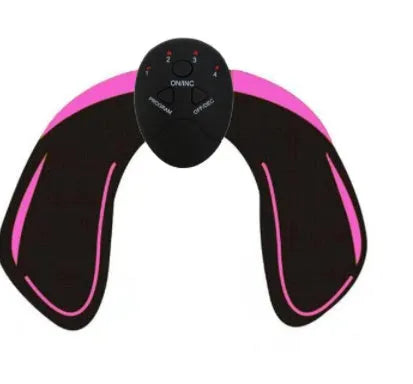 Compact EMS muscle stimulator unit with remote control and gel pads for abdominal and buttock toning.