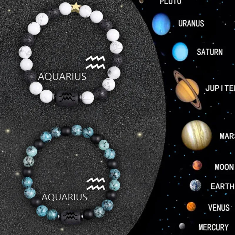 Twelve Zodiac Sign beaded bracelet set with natural stone beads and stainless steel clasp on wrist