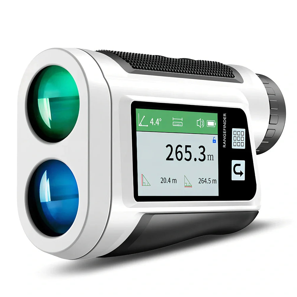 Black golf laser rangefinder with touch screen display showing distance measurement