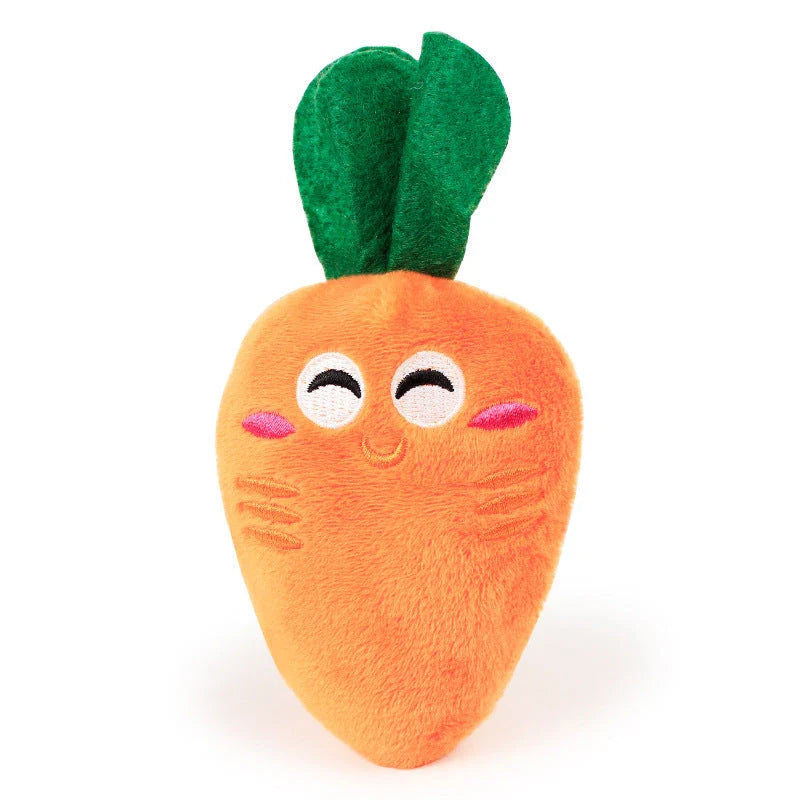 Plush carrot-shaped dog toy in various sizes, made of soft and durable cotton fabric for interactive play and chewing.