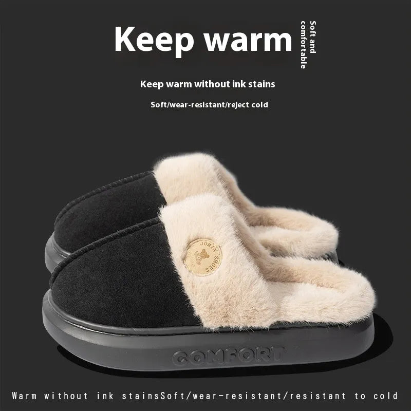 Thick-soled fleece indoor slippers with non-slip PVC sole in various colours