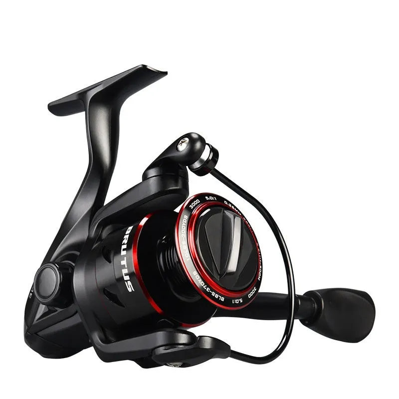 All-metal spinning fishing reel and collapsed telescopic rod combo on a background
