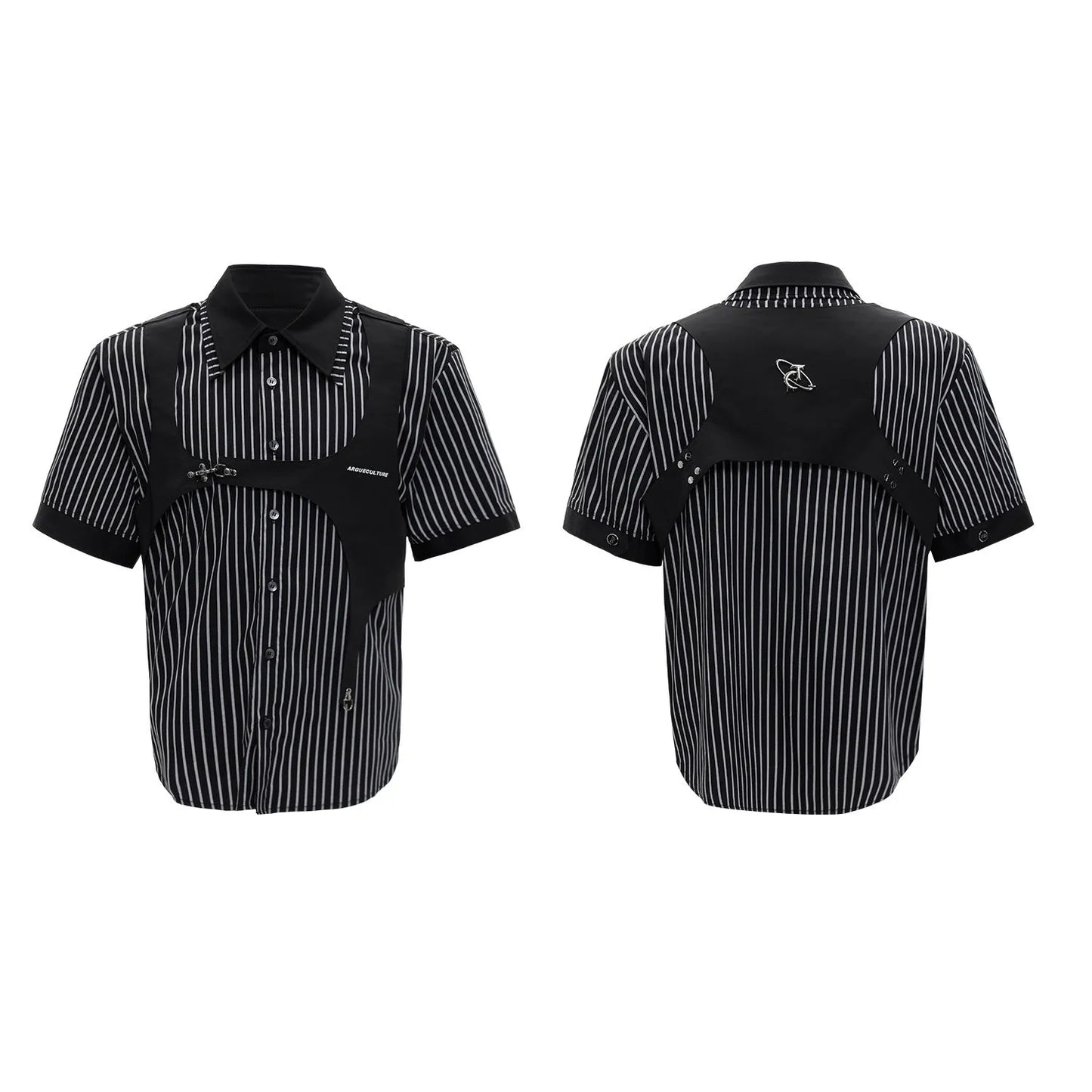 Men's black and white striped shirt with double collar design and short sleeves