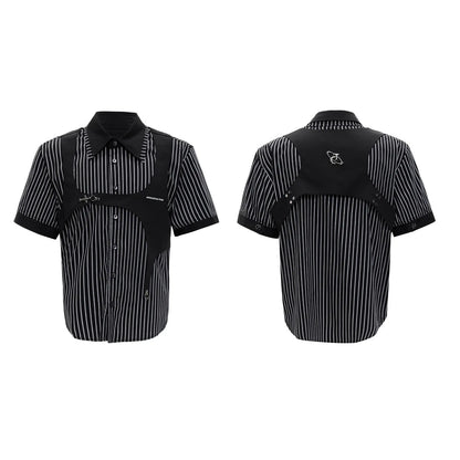 Men's black and white striped shirt with double collar design and short sleeves