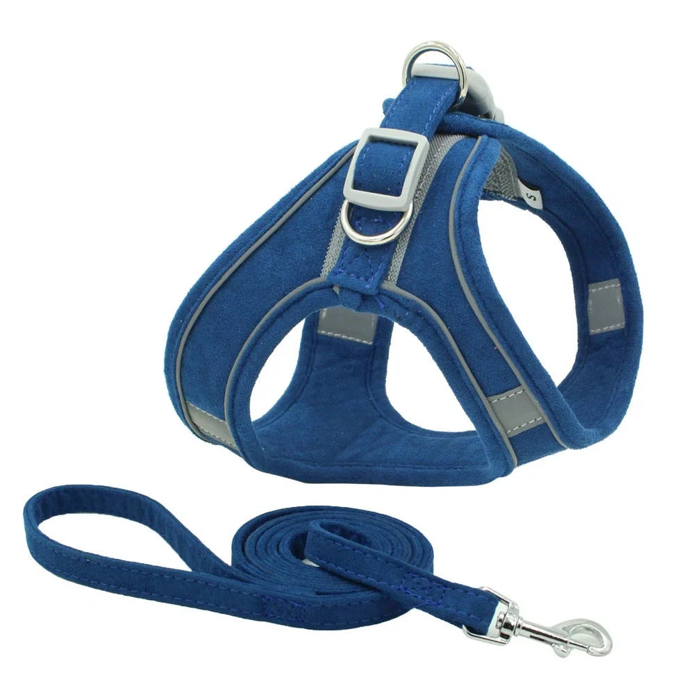 Fleece-lined dog harness with reflective strips and 150cm lead in navy blue colour