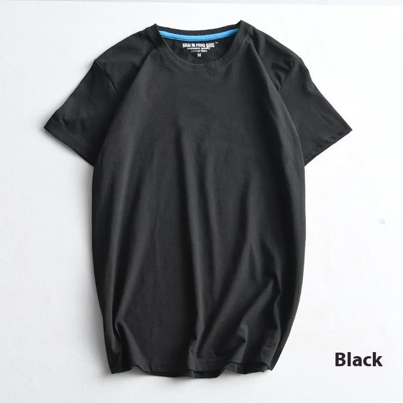 Men's solid colour cotton round neck T-shirt on a hanger, short sleeve casual style.