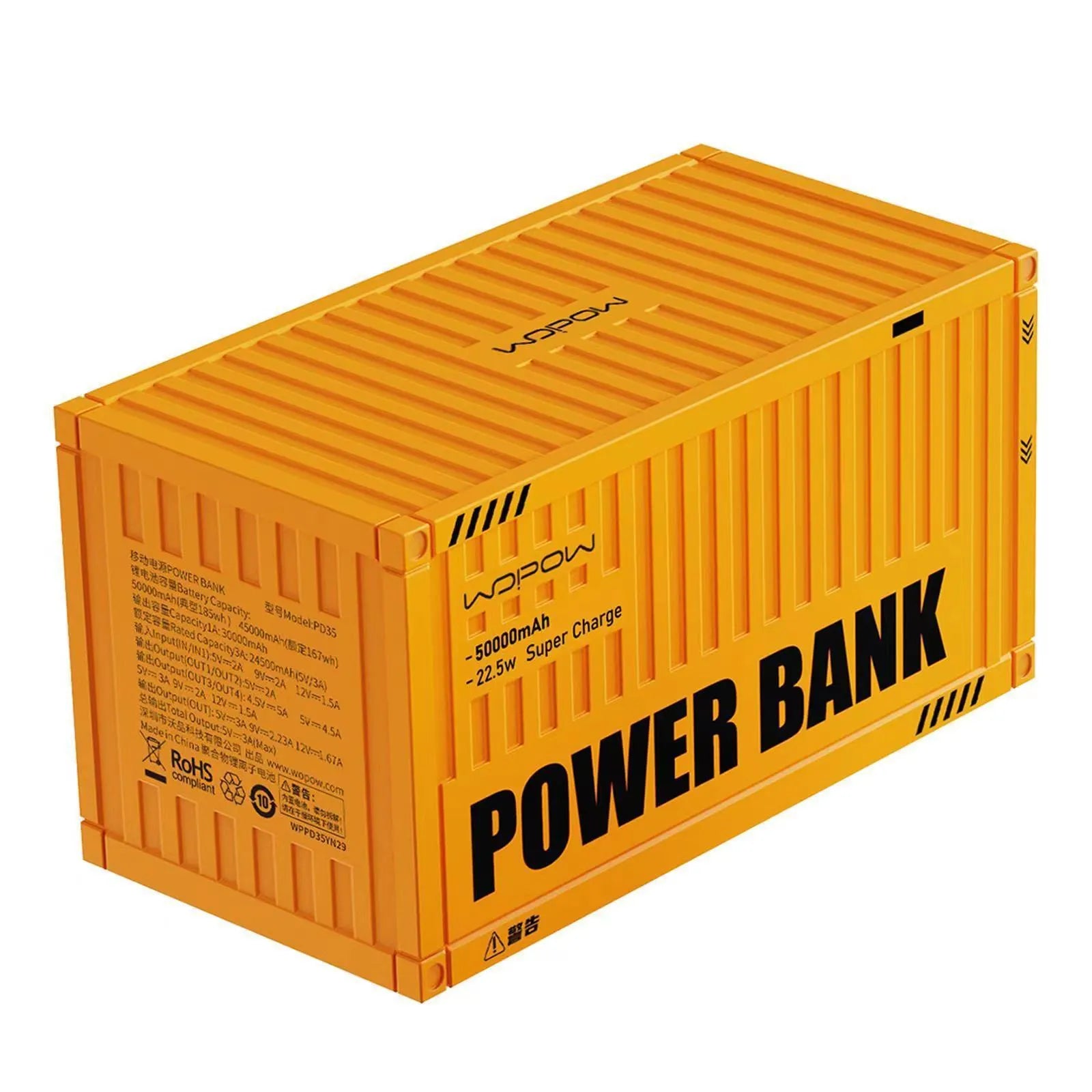 Yellow 50000mAh portable power bank with digital display showing battery percentage and multiple USB ports.