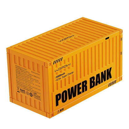 Yellow 50000mAh portable power bank with digital display showing battery percentage and multiple USB ports.