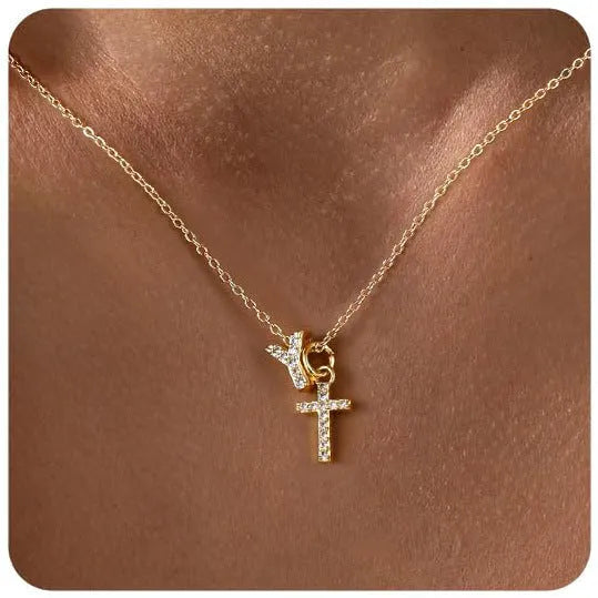 A-Z zircon inlaid letter necklace on a copper regular chain with electroplated finish