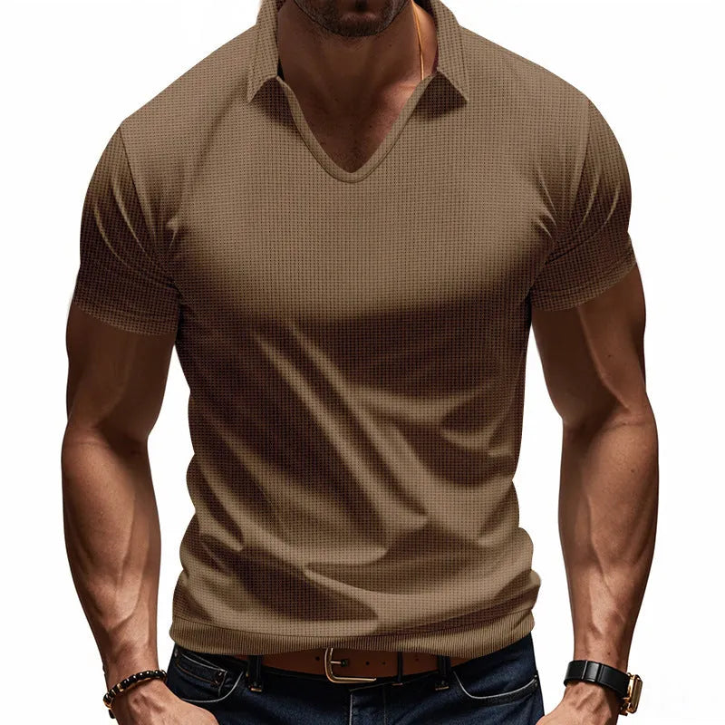 Men's loose fit light grey V-neck short sleeve T-shirt laid flat