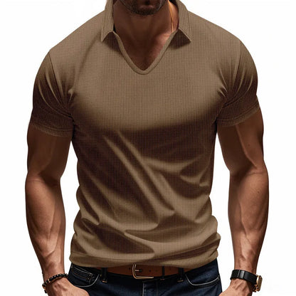 Men's loose fit light grey V-neck short sleeve T-shirt laid flat