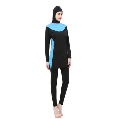 Conservative black women's swimsuit with long sleeves, a hood, and rose red panels.