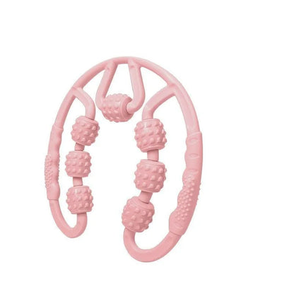 Ring clip leg massager roller with 12 wheels in macaron pink colour, showing adjustable grip and PP material construction