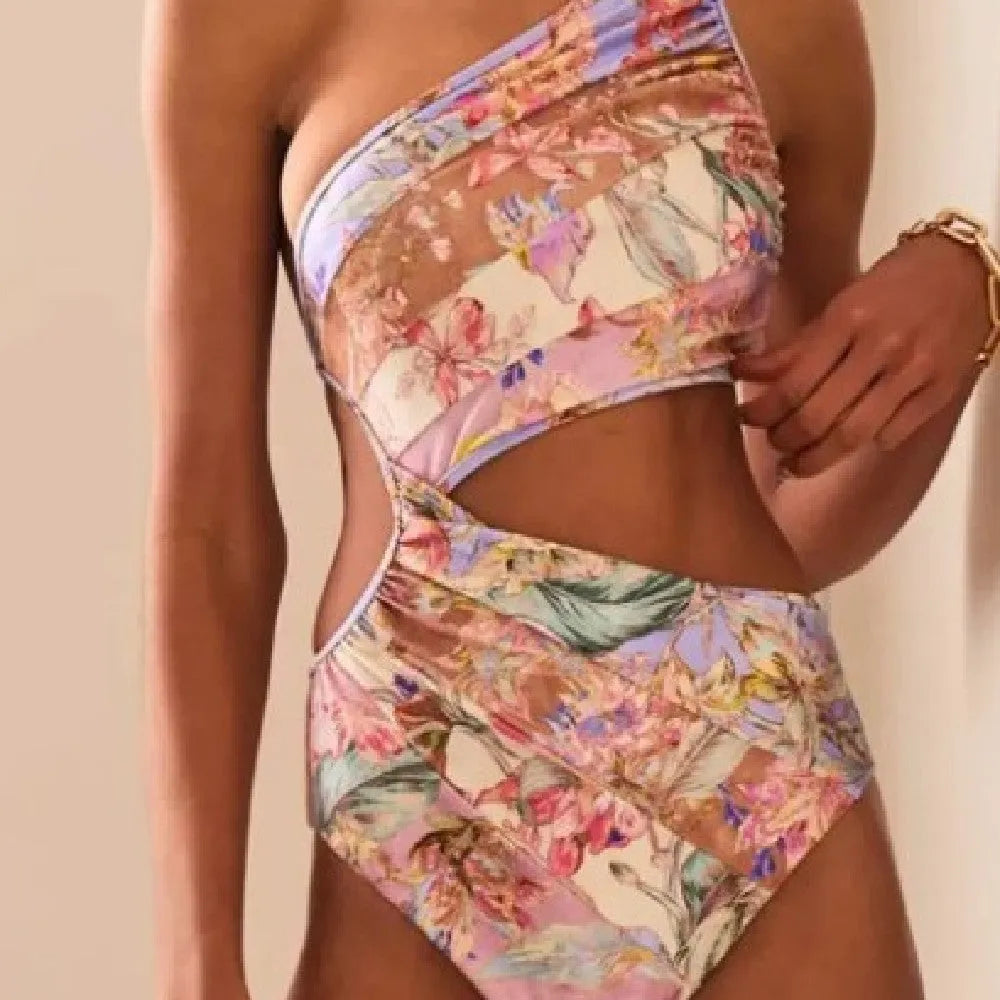 Women's patterned rose gold swimsuit available in six sizes for summer swimming