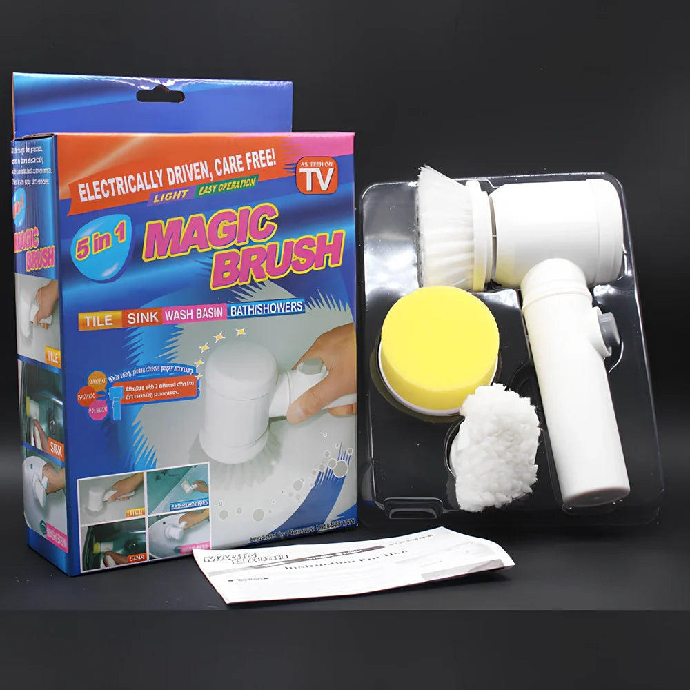Electric cleaning brush with five interchangeable heads for kitchen and bathroom cleaning tasks