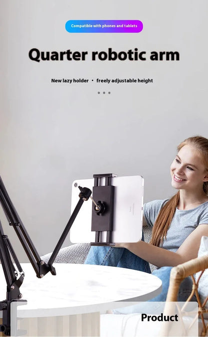 Black foldable metal desktop bracket holding tablet with adjustable cantilever arm