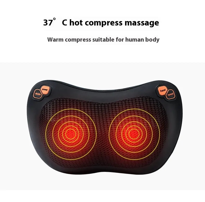 Black and brown genuine leather smart massage pillow with 8 rotating heads.
