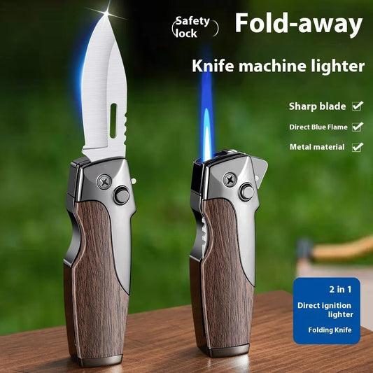 Metal folding lighter with integrated knife showing zinc alloy construction and safety lock mechanism