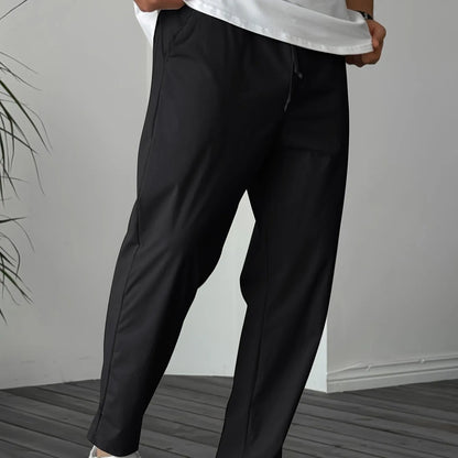 Men's khaki casual drawstring trousers with straight leg and ribbon detail on pockets