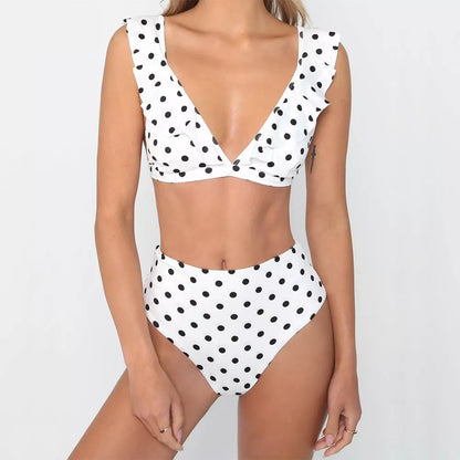 Black and white polka dot print bikini set with ruffled deep V-neck, perfect for summer beach outings